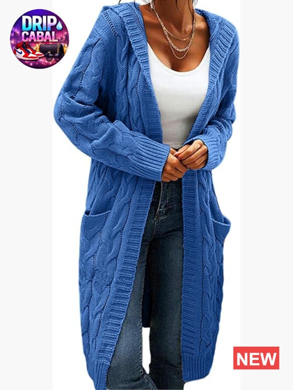 Women Hooded Cable Knit Cardigan Open Front Chunky Long Sweater Coat with